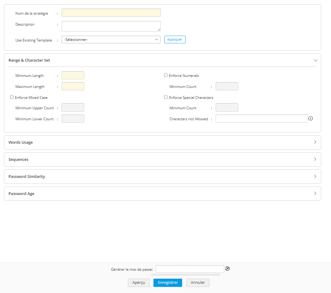 PMP nouvelle interface password policies